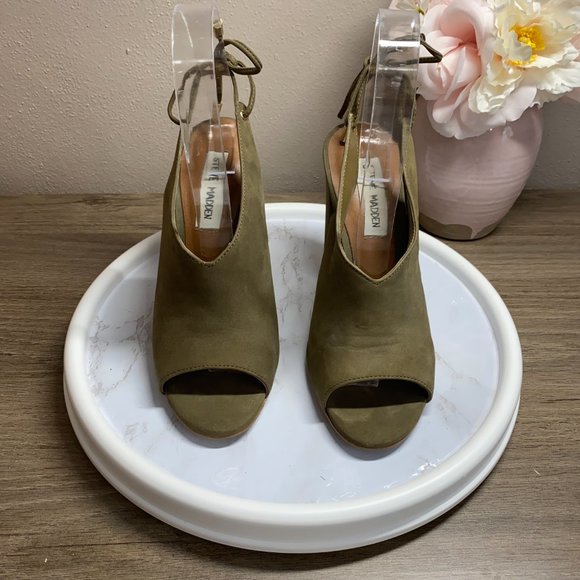 Steve Madden Shoes - STEVE MADDEN Saffron Olive Nubuck Peep Toe Mule